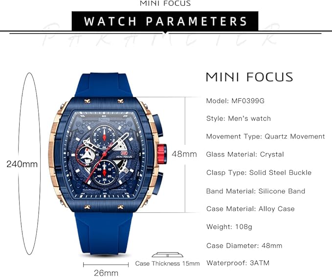 MINI FOCUS Men’s Big Dial Luminous Waterproof  Wristwatch